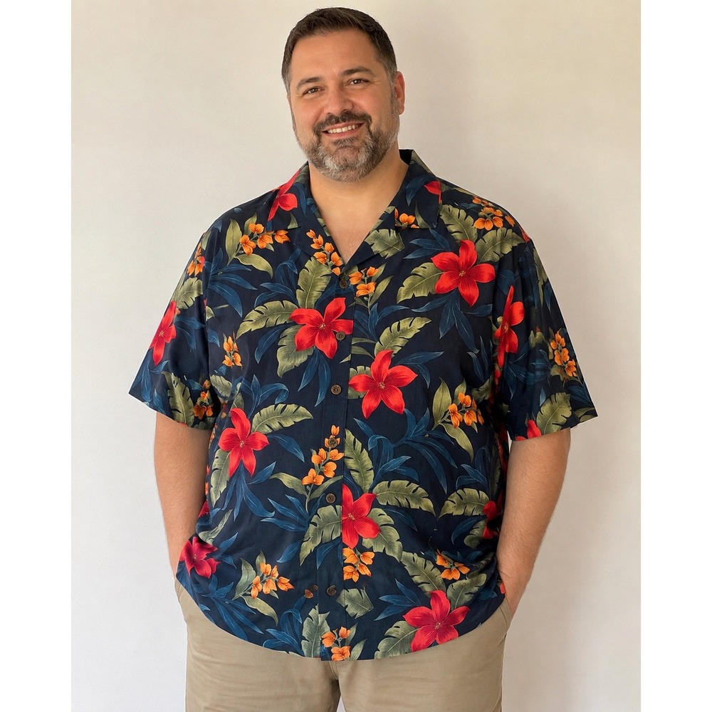 Caribbean Joe Mens 2X Tropical Floral Rayon Short Sleeve Camp Shirt Navy